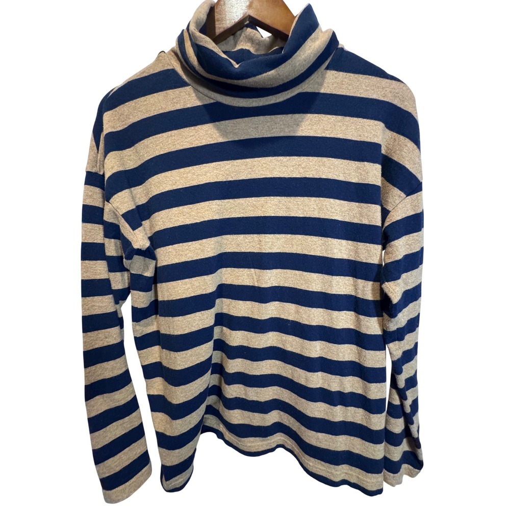 J.Crew Womens Navy Blue Tan Striped Turtleneck Long Sleeve Top Small